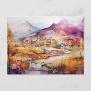 Whimsical Village Watercolor Postcard 