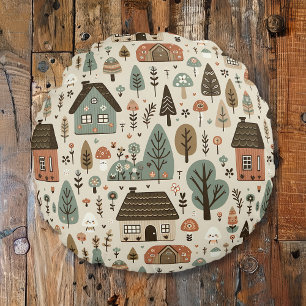 Whimsical Village with Cottages and Trees Round Cushion