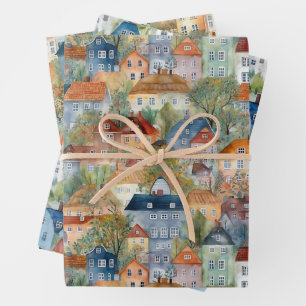 WHIMSICAL VILLAGES AND HOUSES GIFT  WRAPPING PAPER SHEET