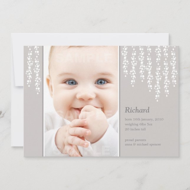 Whimsical Vines Birth Announcement Grey Card (Front)