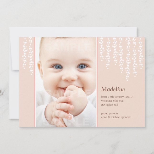 Whimsical Vines Birth Announcement Pink Card (Front)