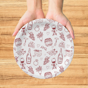 Whimsical Vino Before Vows Burgundy Bridal Shower Paper Plate