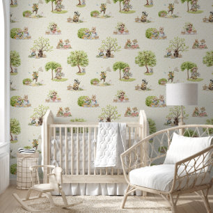 Whimsical Vintage Animals Picnic Child Room Wallpaper