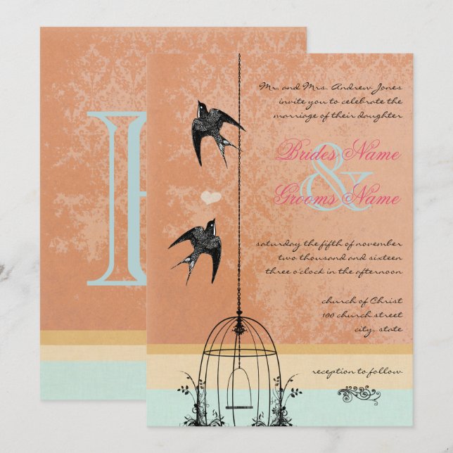 Whimsical Vintage Bird Cage Wedding Invitations (Front/Back)