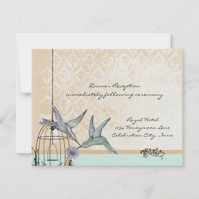 Whimsical Vintage Bird Cage Wedding Reception Card (Front)