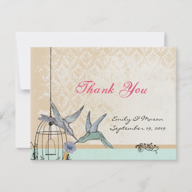 Whimsical Vintage Bird Cage Wedding Thank You Card (Front)