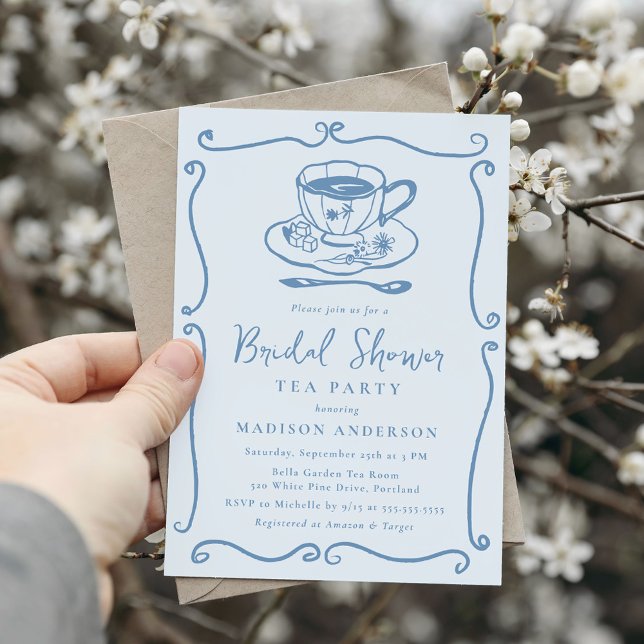 Whimsical Vintage Blue Bridal Shower Tea Party Invitation (Creator Uploaded)
