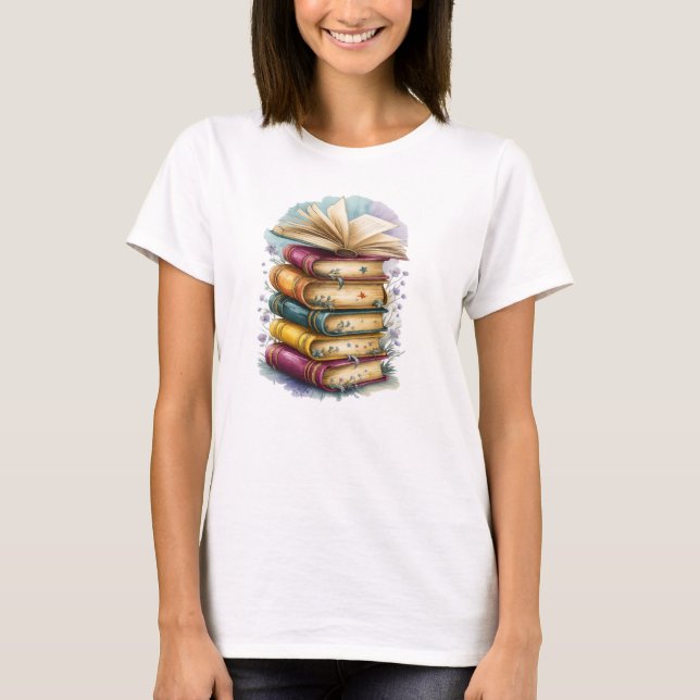 Whimsical Vintage Book Stack Illustration T-Shirt (Front)