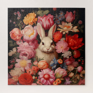 Whimsical Vintage Bunny Spring Blooms Jigsaw Puzzle