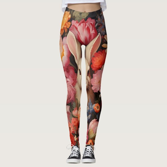 Whimsical Vintage Bunny Spring Blooms Leggings (Front)