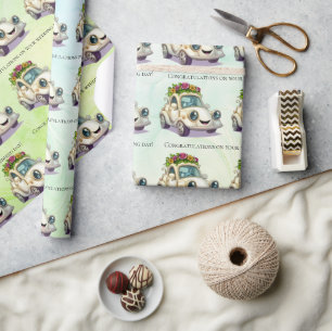 Whimsical Vintage Car Wedding Congratulations Wrapping Paper