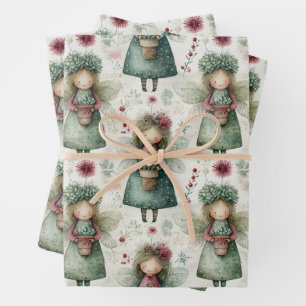 Whimsical Vintage Christmas Angel & Floral  Wrapping Paper Sheet