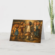 Whimsical Vintage Christmas Elves Oil Painting