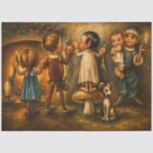 Whimsical Vintage Christmas Elves Oil Painting