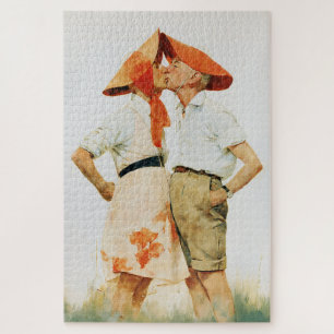 Whimsical Vintage Couple Kiss Illustration Jigsaw Puzzle