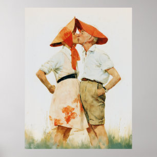 Whimsical Vintage Couple Kiss Illustration Poster
