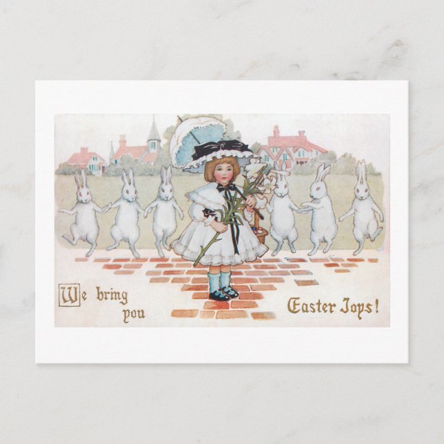 Whimsical Vintage Dancing Easter Bunnies and Child Postcard (Front)