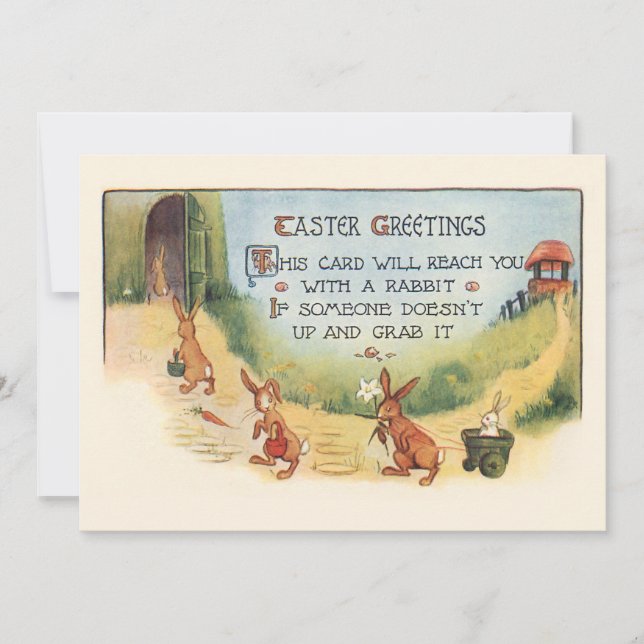 Whimsical Vintage Easter Bunnies and Greeting Holiday Card (Front)