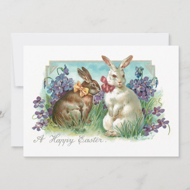 Whimsical Vintage Easter Bunnies with Bows Holiday Card (Front)