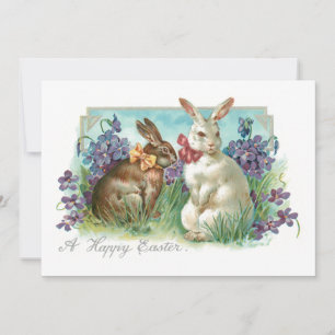 Whimsical Vintage Easter Bunnies with Bows Holiday Card