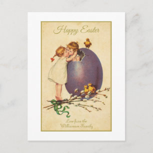 Whimsical Vintage Easter Egg Boy Girl Scene  Holiday Postcard