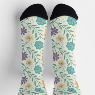Whimsical Vintage Floral Cream Patterned Socks