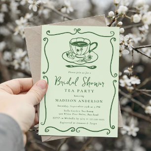 Whimsical Vintage Green Bridal Shower Tea Party Invitation
