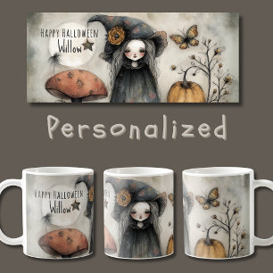 Whimsical Vintage Halloween Witch, Personalised Coffee Mug