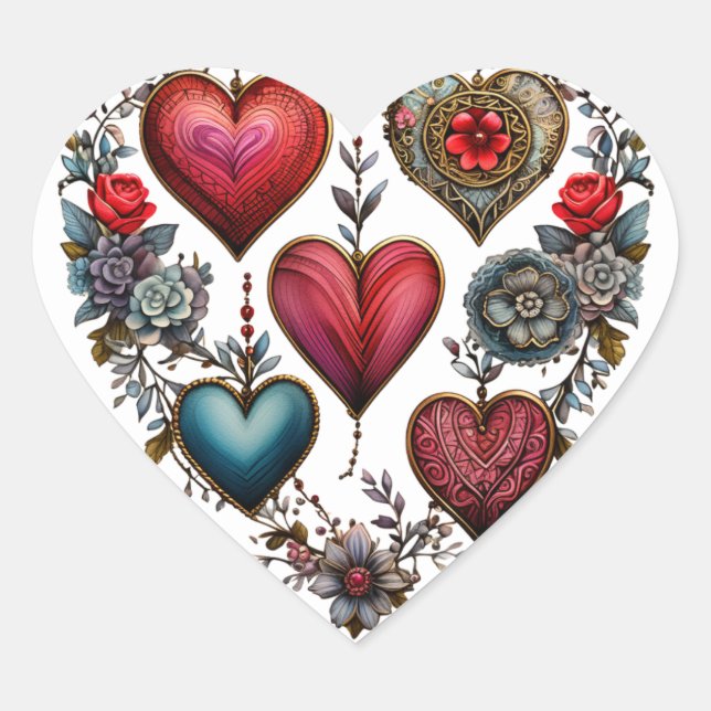 Whimsical Vintage Hearts, Retro Valentine Heart,  Heart Sticker (Front)