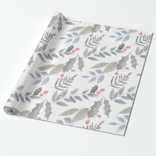 Whimsical Vintage Holly Berry Leaves Christmas Wrapping Paper