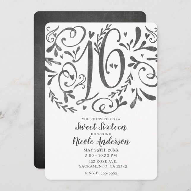 Whimsical Vintage Lettering Chalk Sweet 16 Invitation (Front/Back)
