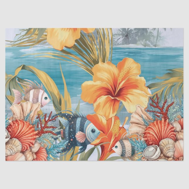 Whimsical Vintage Ocean Floral & Fish Tissue Paper (Front)