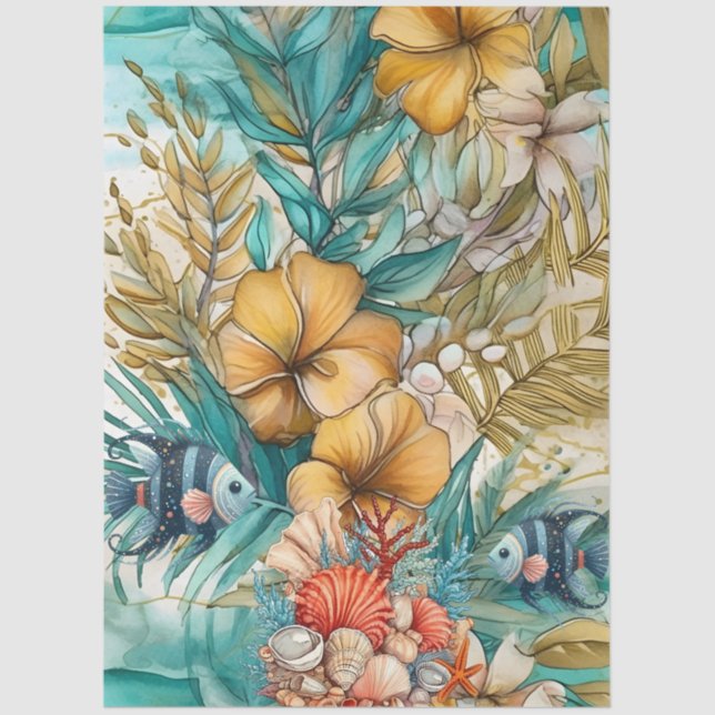 Whimsical Vintage Ocean Floral & Fish Tissue Paper (Front)