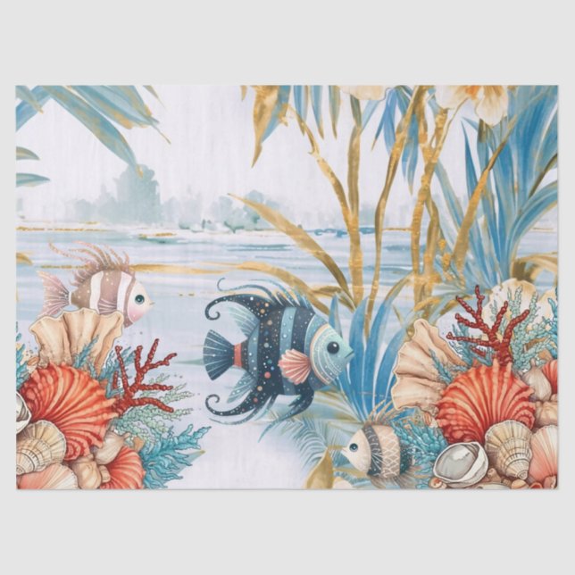 Whimsical Vintage Ocean Floral & Fish Tissue Paper (Front)
