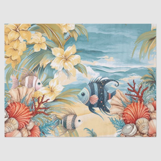 Whimsical Vintage Ocean Floral & Fish Tissue Paper (Front)