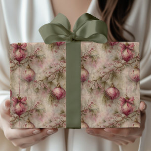 Whimsical Vintage Pink Floral Christmas Baubles Wrapping Paper