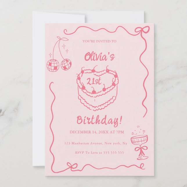 Whimsical Vintage Retro Pink Cake Birthday Party Invitation (Front)