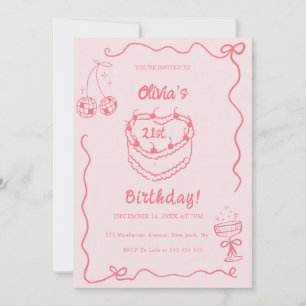 Whimsical Vintage Retro Pink Cake Birthday Party Invitation