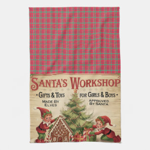 Whimsical Vintage Santa's Workshop Tea Towel