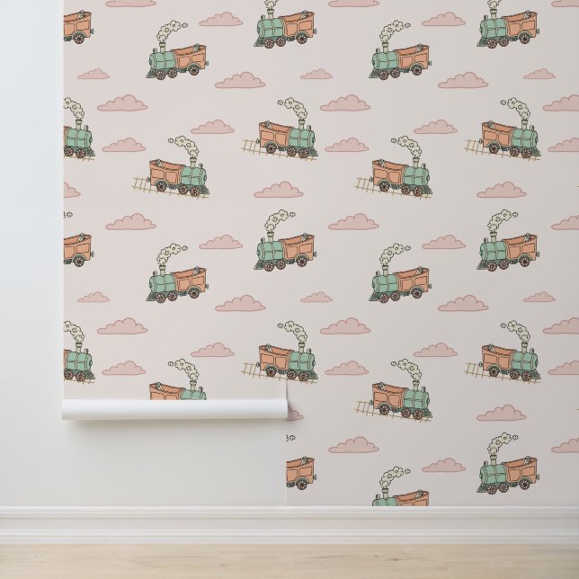 Whimsical Vintage Steam Engine Seamless Pattern Wallpaper (Application)