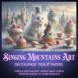 Whimsical Vintage Tea Party Cat Mouse Decoupage Tissue Paper