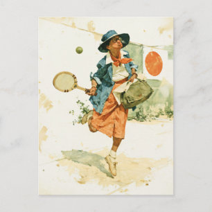 Whimsical Vintage Tennis Lady Postcard