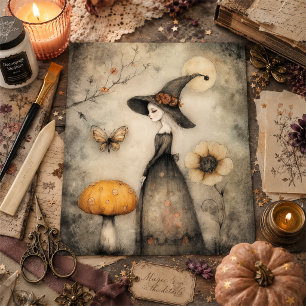 Whimsical Vintage Witch and Mushroom Decoupage Tissue Paper