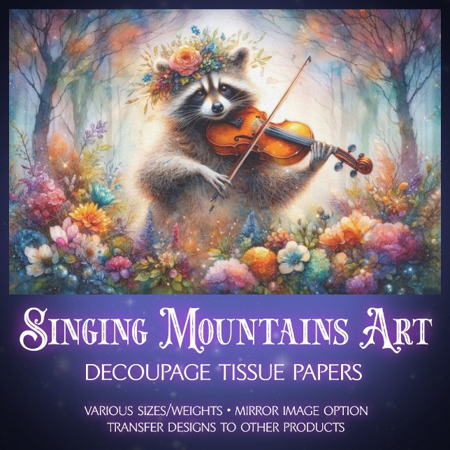 Whimsical Violinist Racoon Wildflowers Decoupage  Tissue Paper (Creator Uploaded)