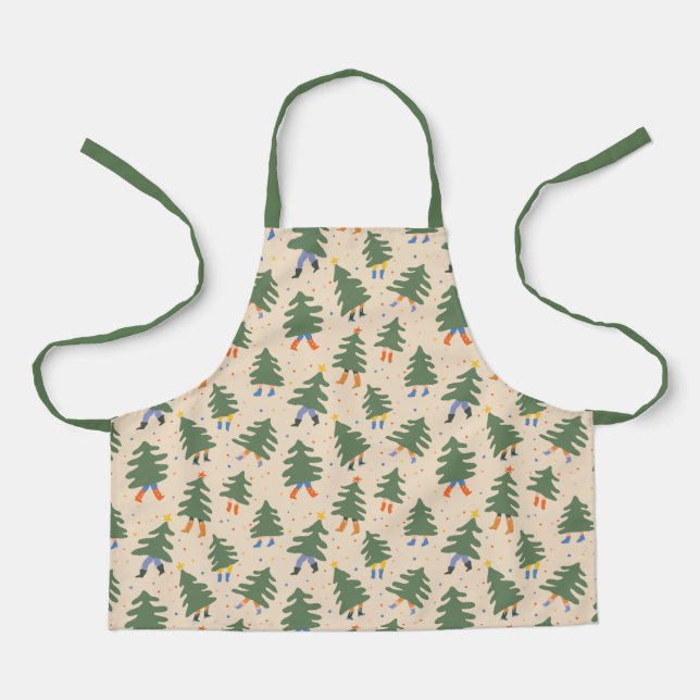 Whimsical Walking Christmas Trees Pattern Apron (Front)
