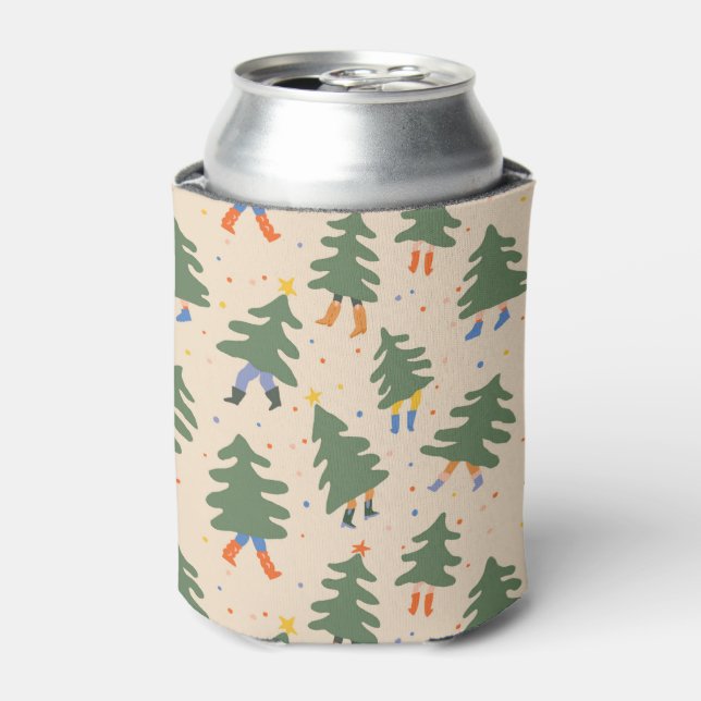 Whimsical Walking Christmas Trees Pattern Can Cooler (Can Front)