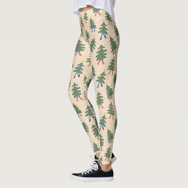 Whimsical Walking Christmas Trees Pattern Leggings (Left)