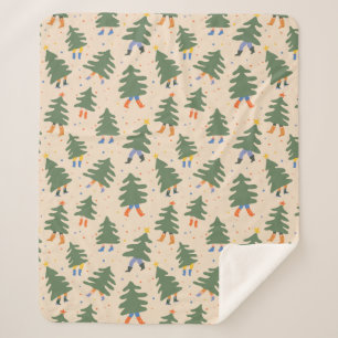 Whimsical Walking Christmas Trees Pattern Sherpa Blanket