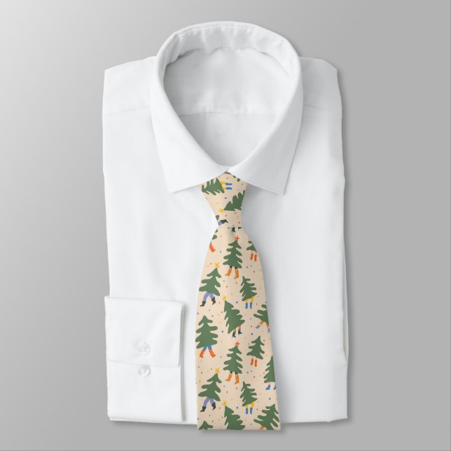 Whimsical Walking Christmas Trees Pattern Tie (Tied)