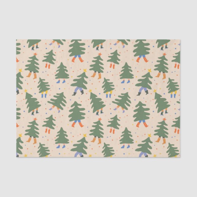 Whimsical Walking Christmas Trees Pattern Tissue Paper (Front)